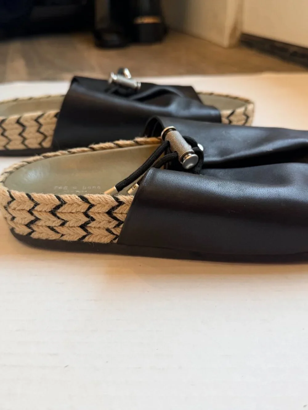 rag & bone Eva Espadrille Black Leather Slide Sandals Size 38
